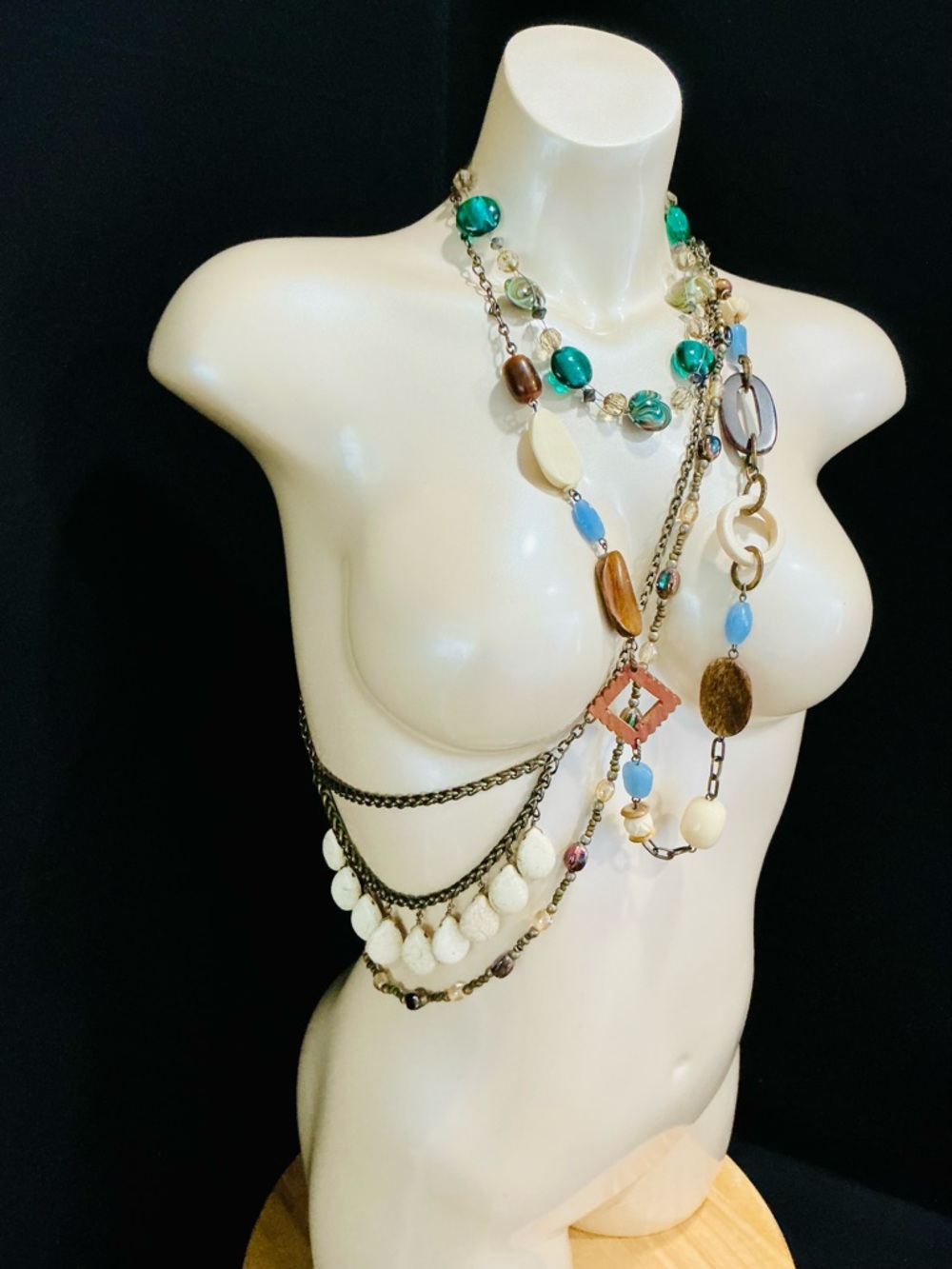Multi-Strand Beaded Glass Wood Statement Necklace’s Multi Colored Southwestern - Picture 9 of 16